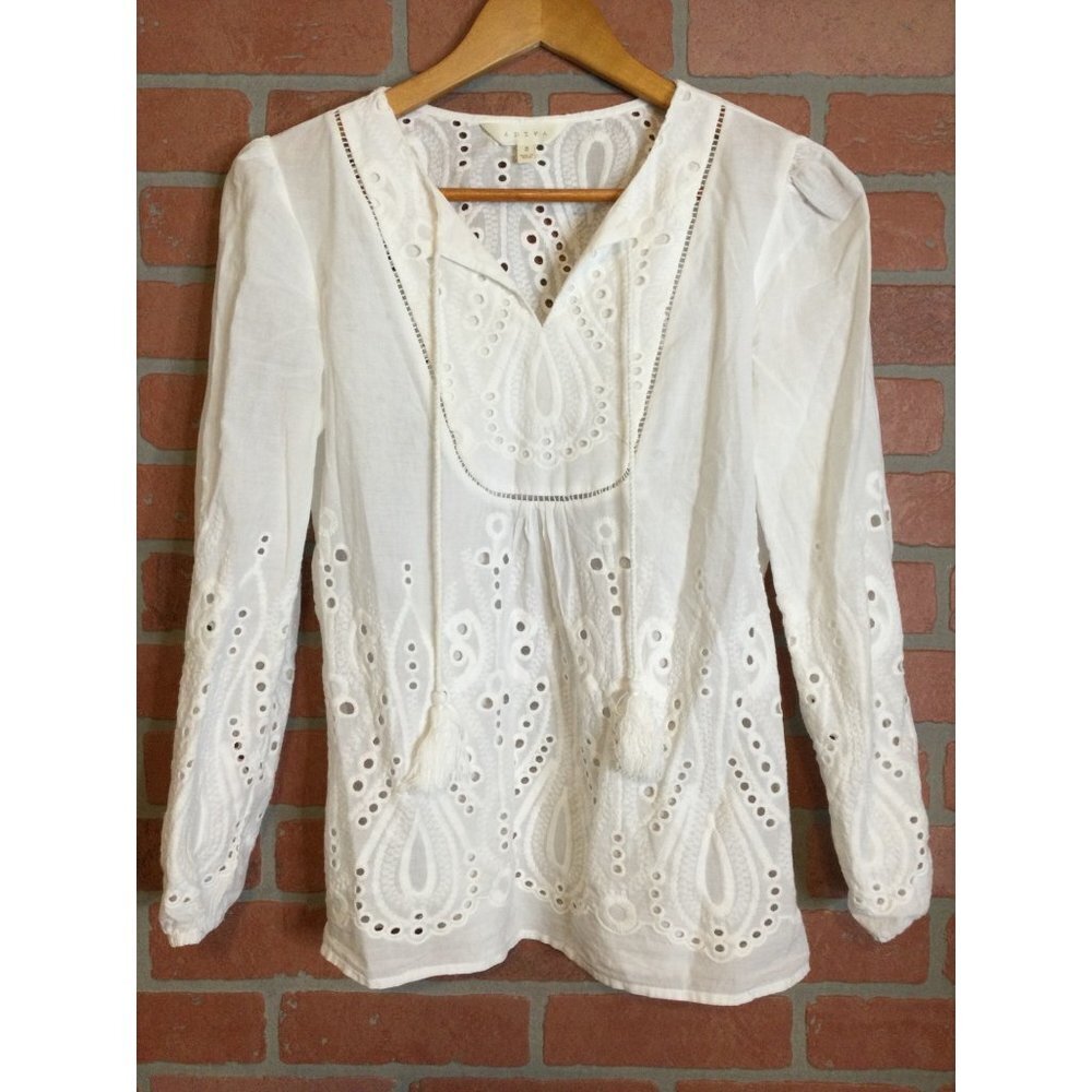 White Eyelet Embroidered Long-Sleeve Peasant Top